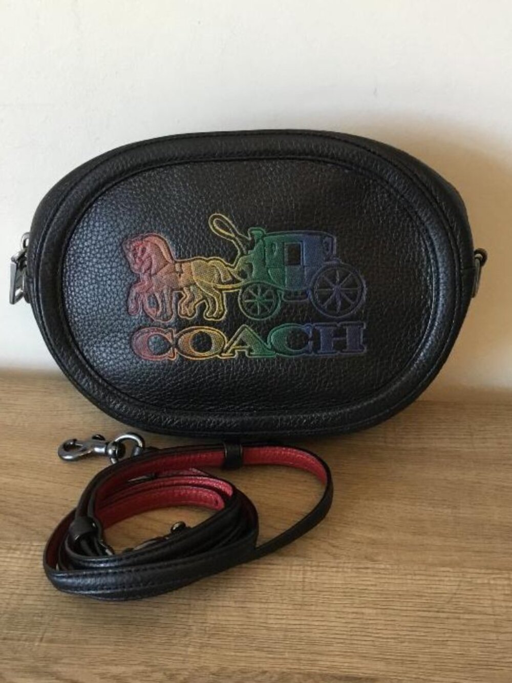 Coach Black Pebbled Leather Camera Bag With Multicolored Horse & Carriage Logo